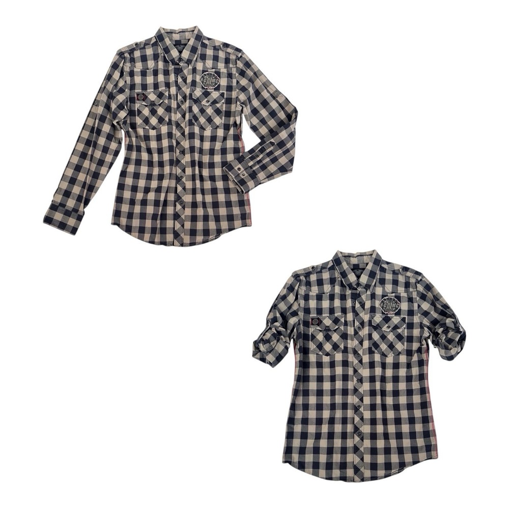 HARLEY-DAVIDSON Mens L Pearl Snap Shirt Gray/Black Plaid Roll Tab Sleeves